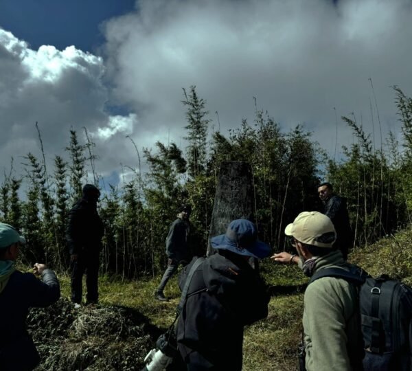 Red panda expedition team in Singalila National Park's dense forest, observing wildlife in lush greenery